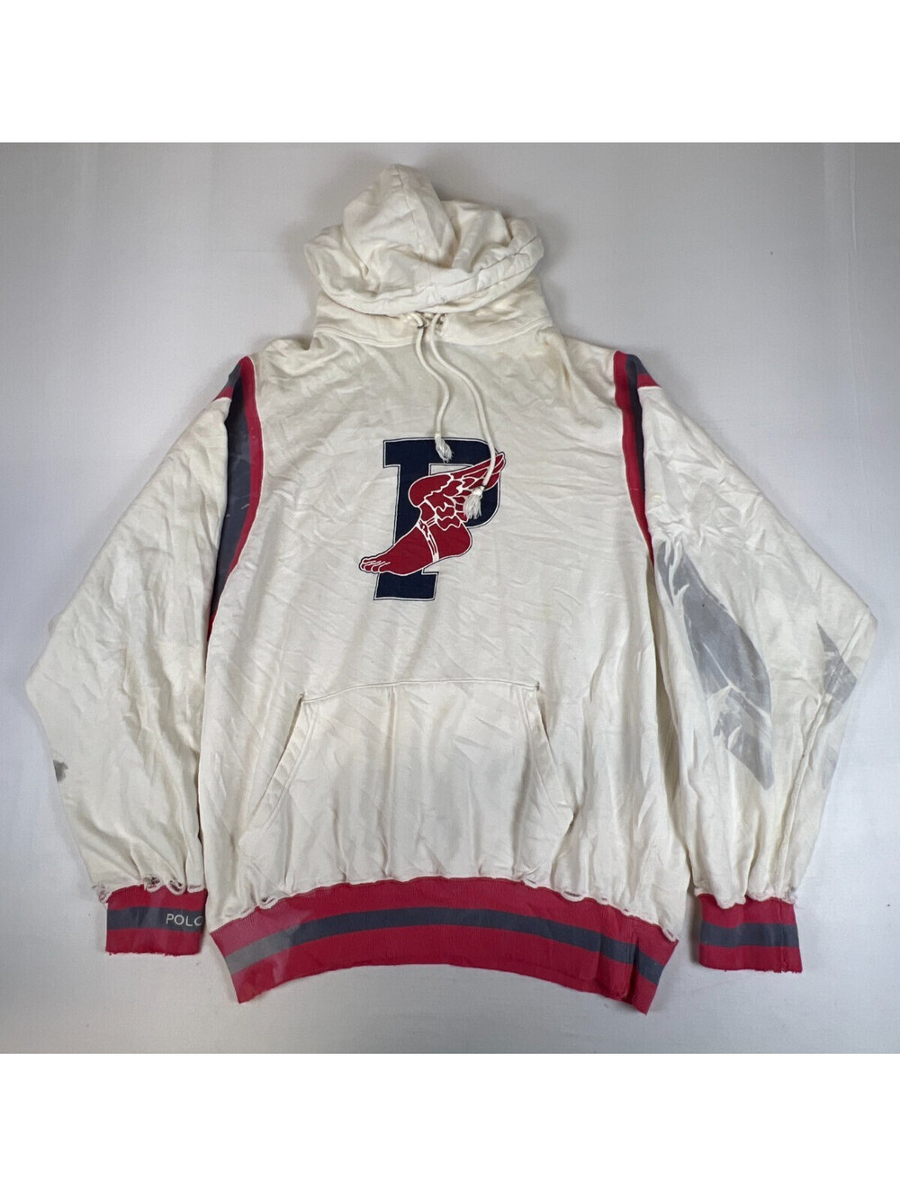 Vintage Polo Ralph Lauren Men L White P-Wing Hoodie Script Logo Sweatshirt